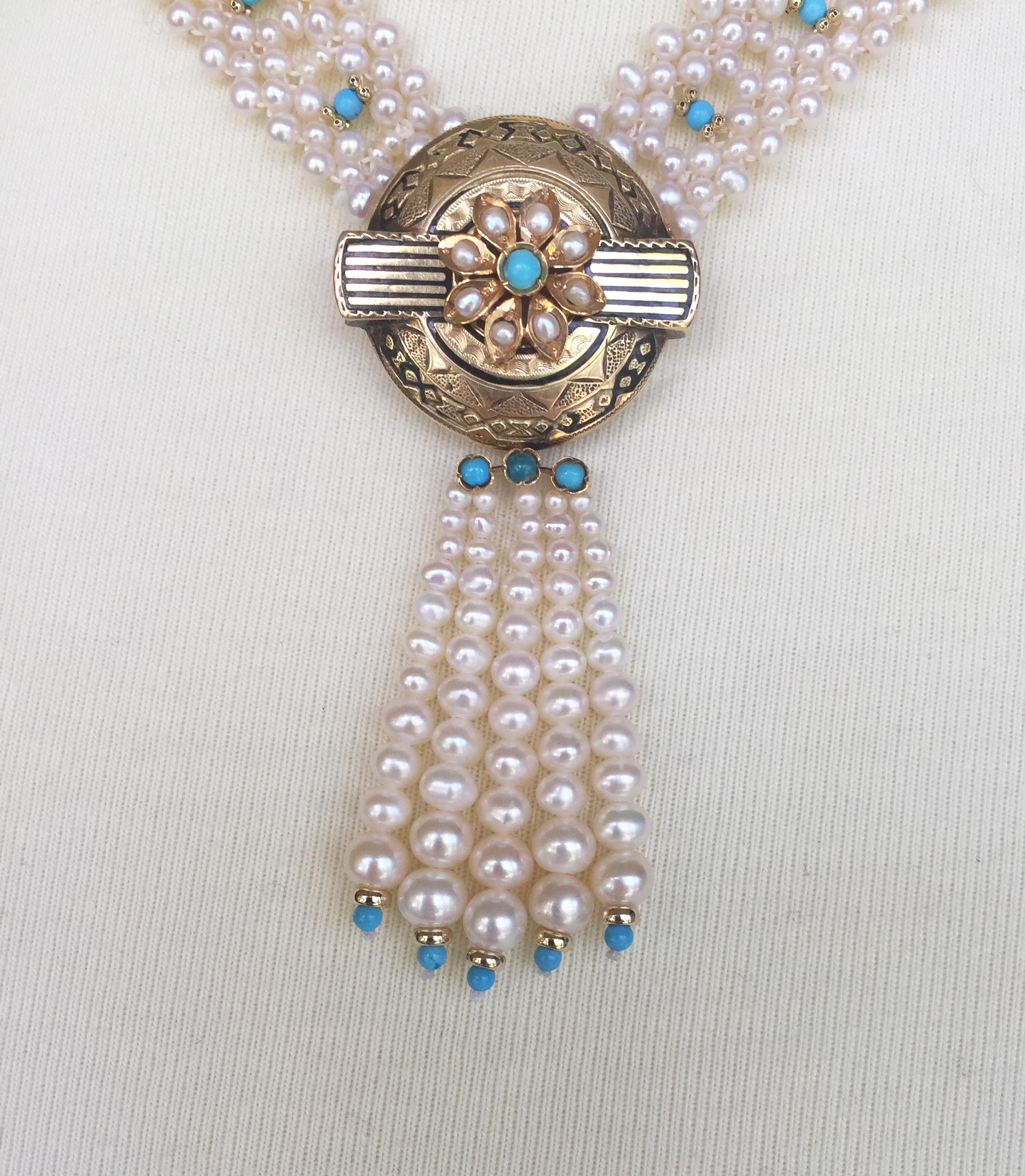 Marina J. Woven Pearl and Turquoise Necklace with 14K Yellow Gold Centerpiece  2