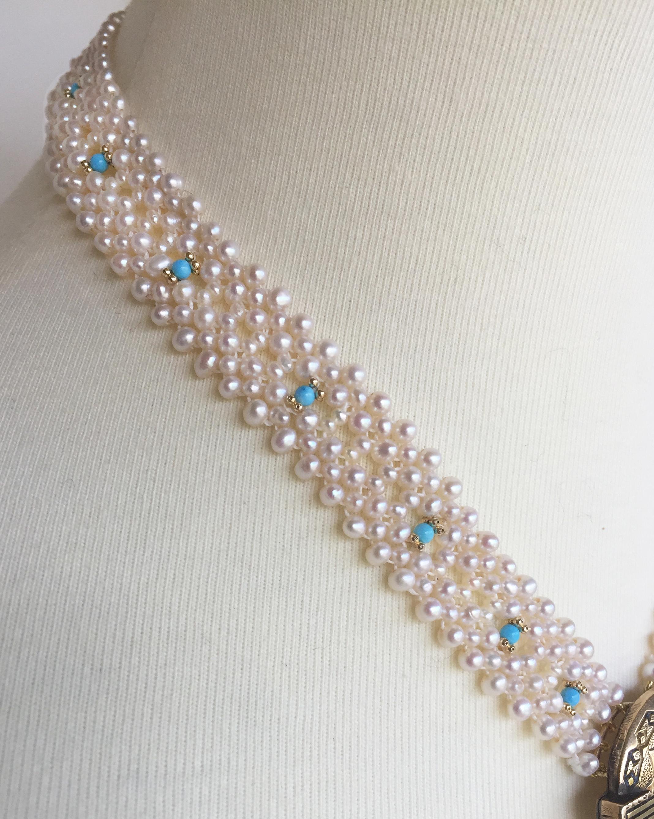 Marina J. Woven Pearl and Turquoise Necklace with 14K Yellow Gold Centerpiece 6