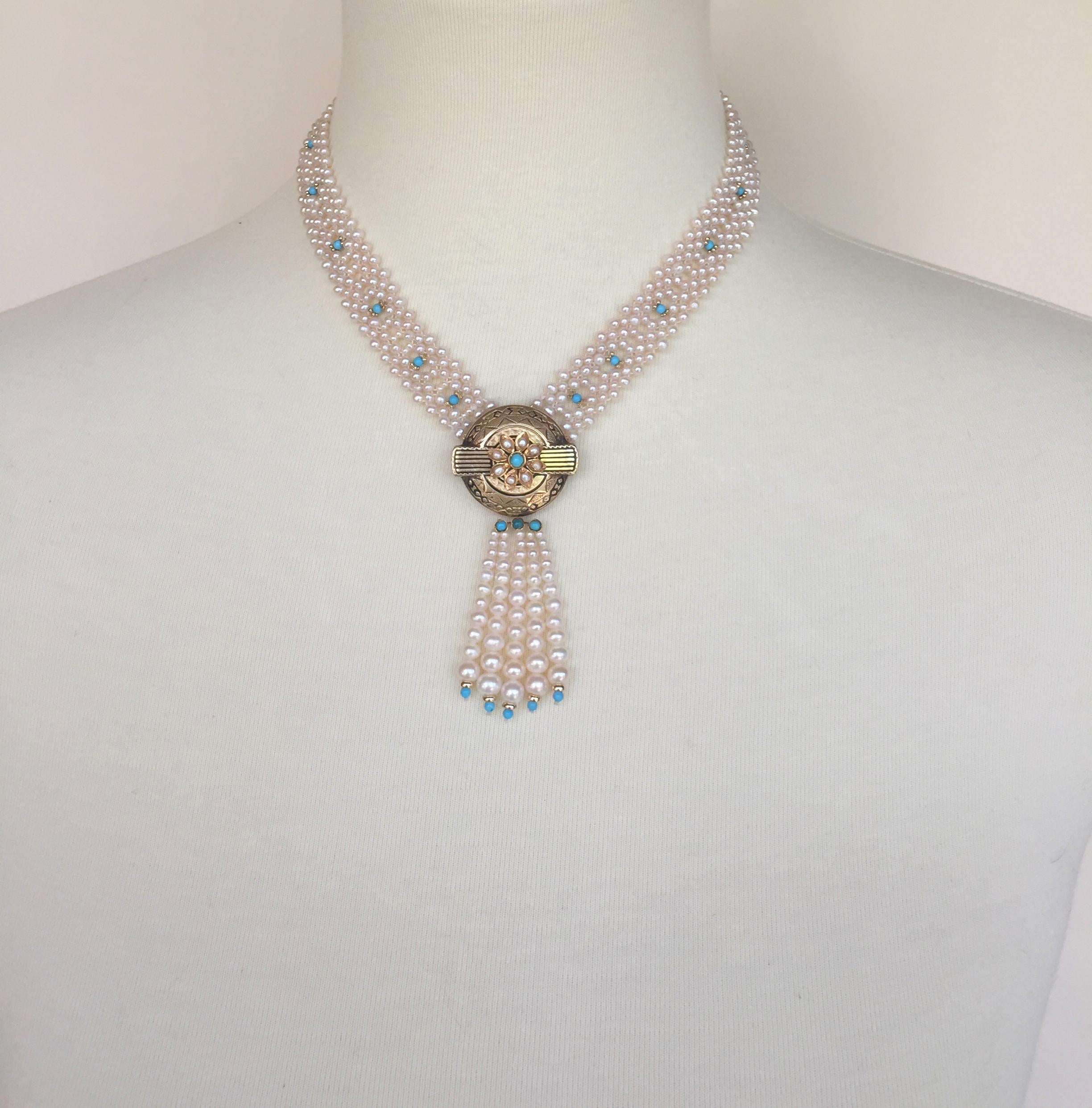 Marina J. Woven Pearl and Turquoise Necklace with 14K Yellow Gold Centerpiece 8