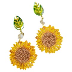 White Pearl Vivid Yellow Sunflower Green Leaf Cloth Clip Drop Dangle Earrings