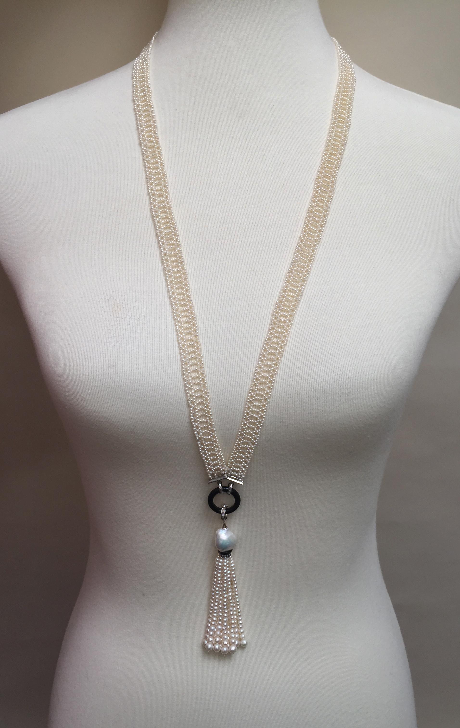The delicate weave of the seed pearl sautor is contrasted with an onyx ring, diamonds, and a removable graduated tassel. This necklace is an exclusive design by Marina J., inspired by her home countries traditional Russian pearl weaving. Marina has