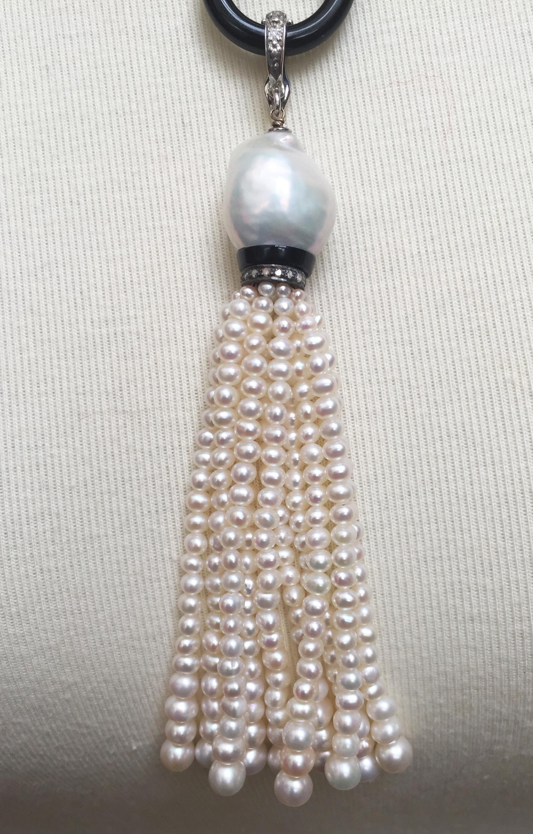 Marina J Woven Seed Pearl Sautoir with Onyx Ring, Diamonds, and Graduated Tassel In New Condition In Los Angeles, CA