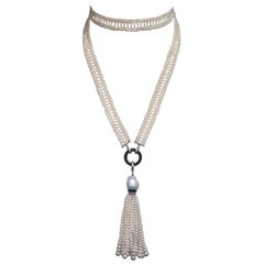 Marina J Woven Seed Pearl Sautoir with Onyx Ring, Diamonds, and Graduated Tassel