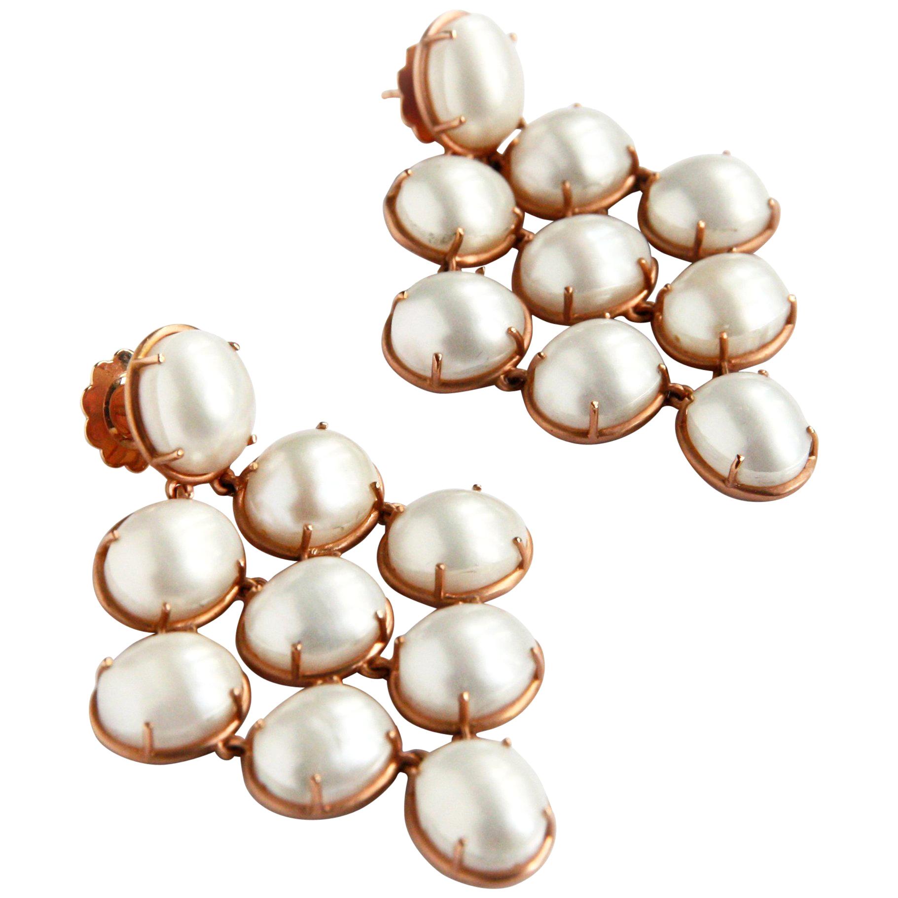 White Pearls 18 Karat Rose Gold Geometric Earrings For Sale