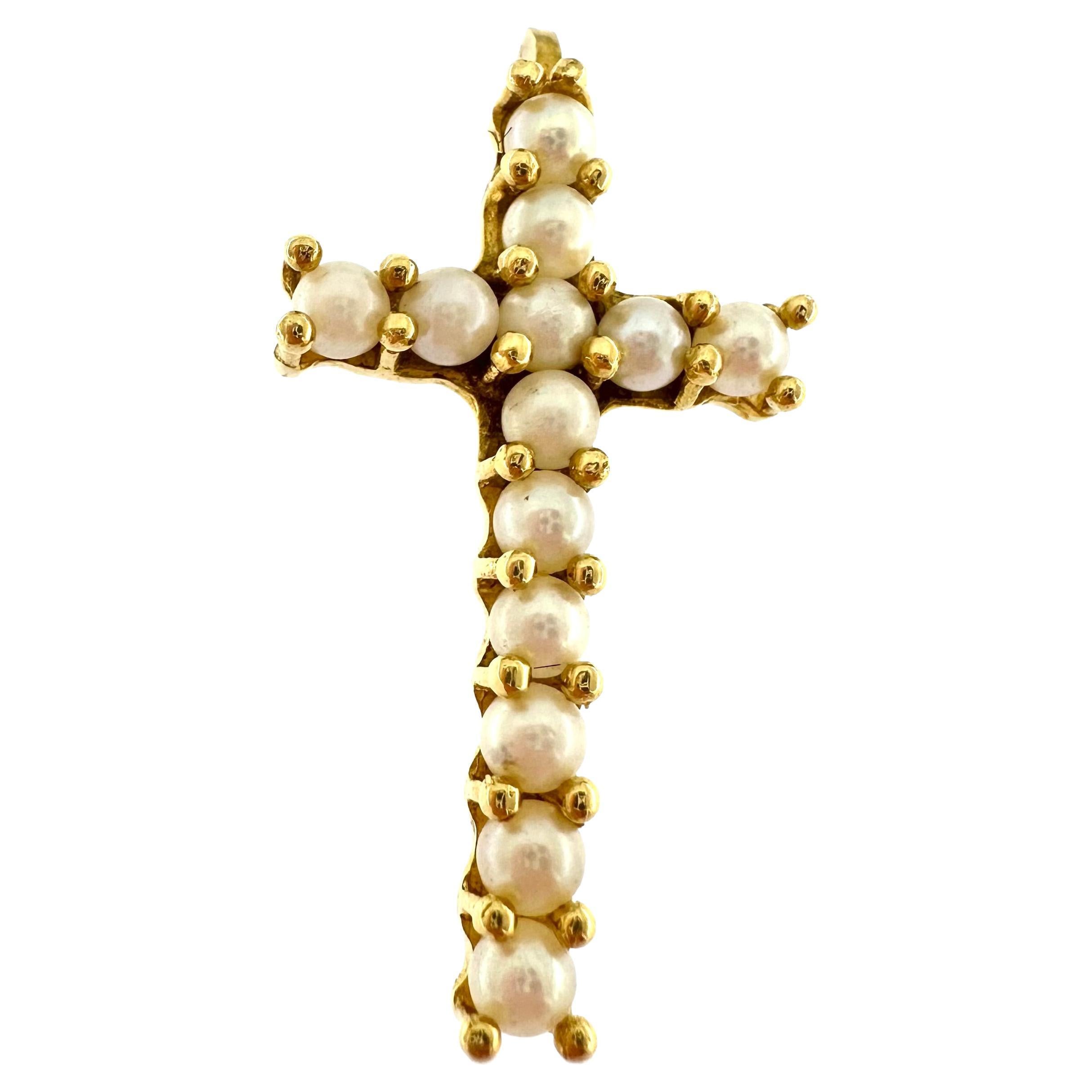 White Pearls 18kt Yellow Gold Cross For Sale