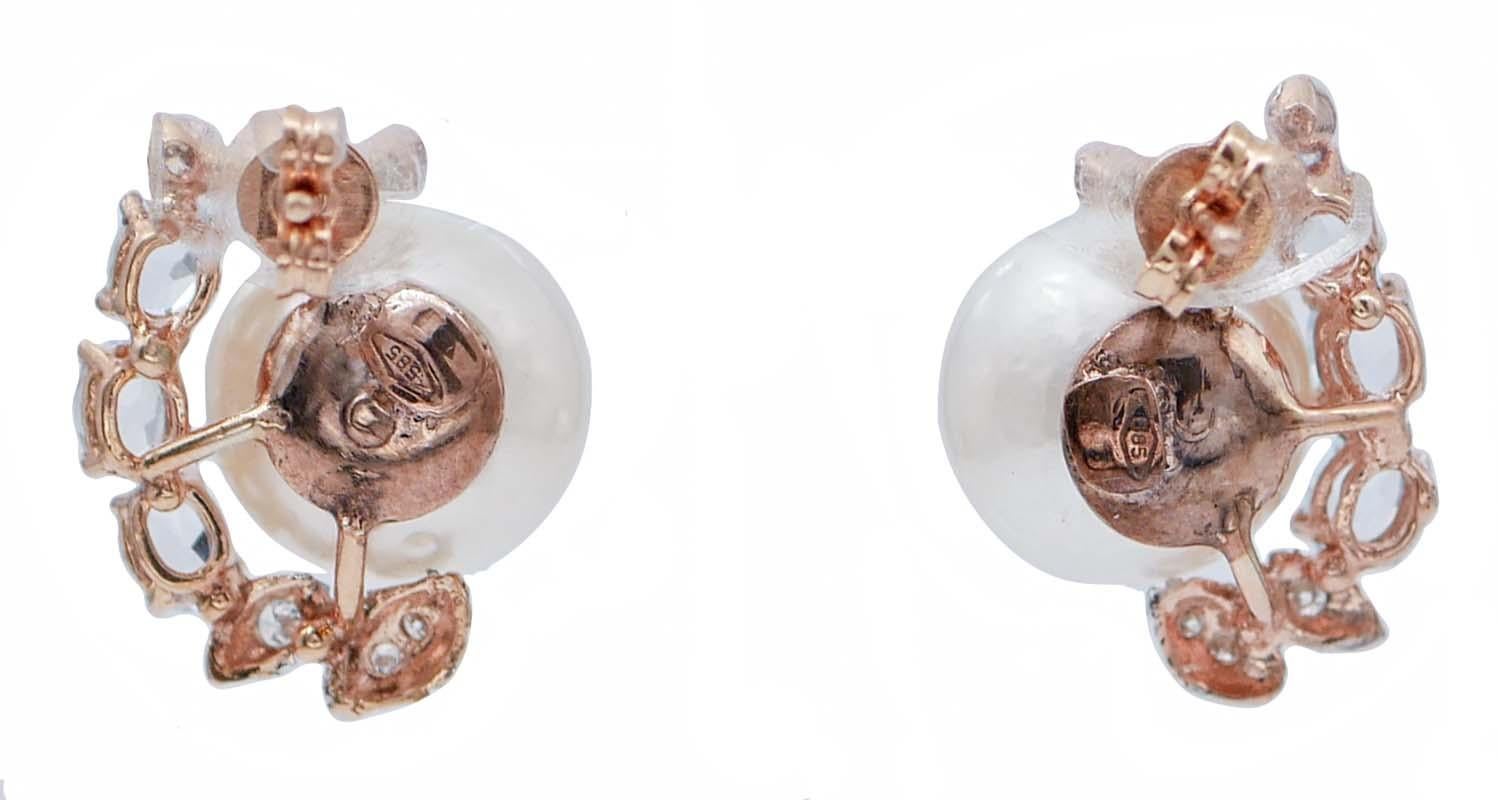 Retro White Pearls, Aquamarine, Diamonds, 14 Karat Rose and White Gold Earrings