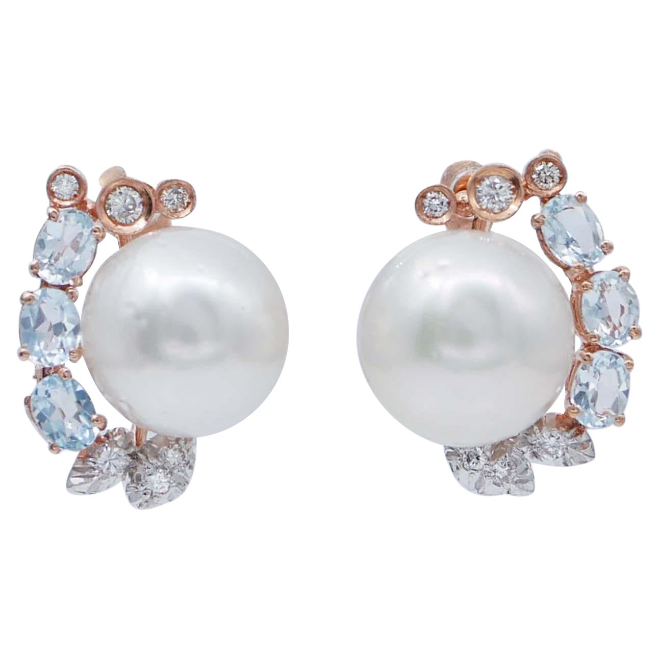 White Pearls, Aquamarine, Diamonds, 14 Karat Rose and White Gold Earrings