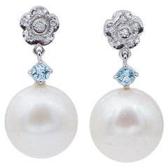 Weiße Perlen, Aquamarin, Diamanten, Platin-Ohrringe