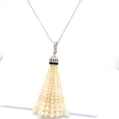 White Pearls, Black Onyx, and White Diamond Gold Tassel Necklace
