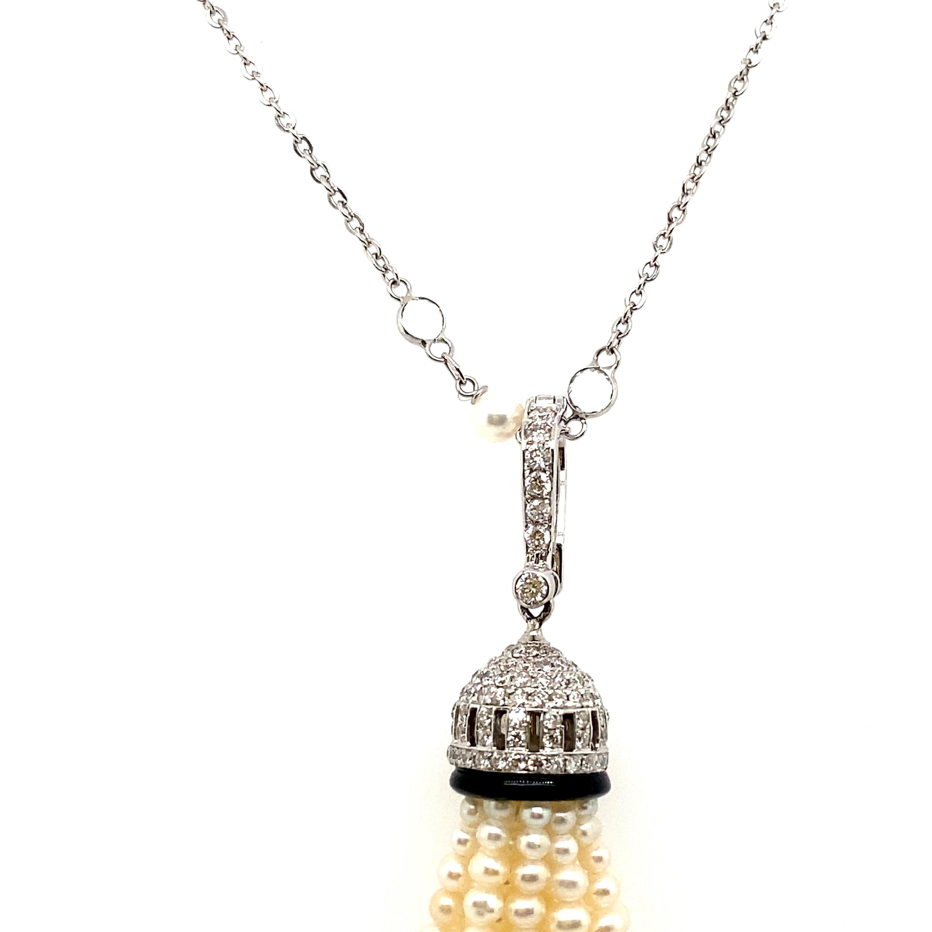 Contemporary White Pearls, Black Onyx, and White Diamond Gold Tassel Necklace