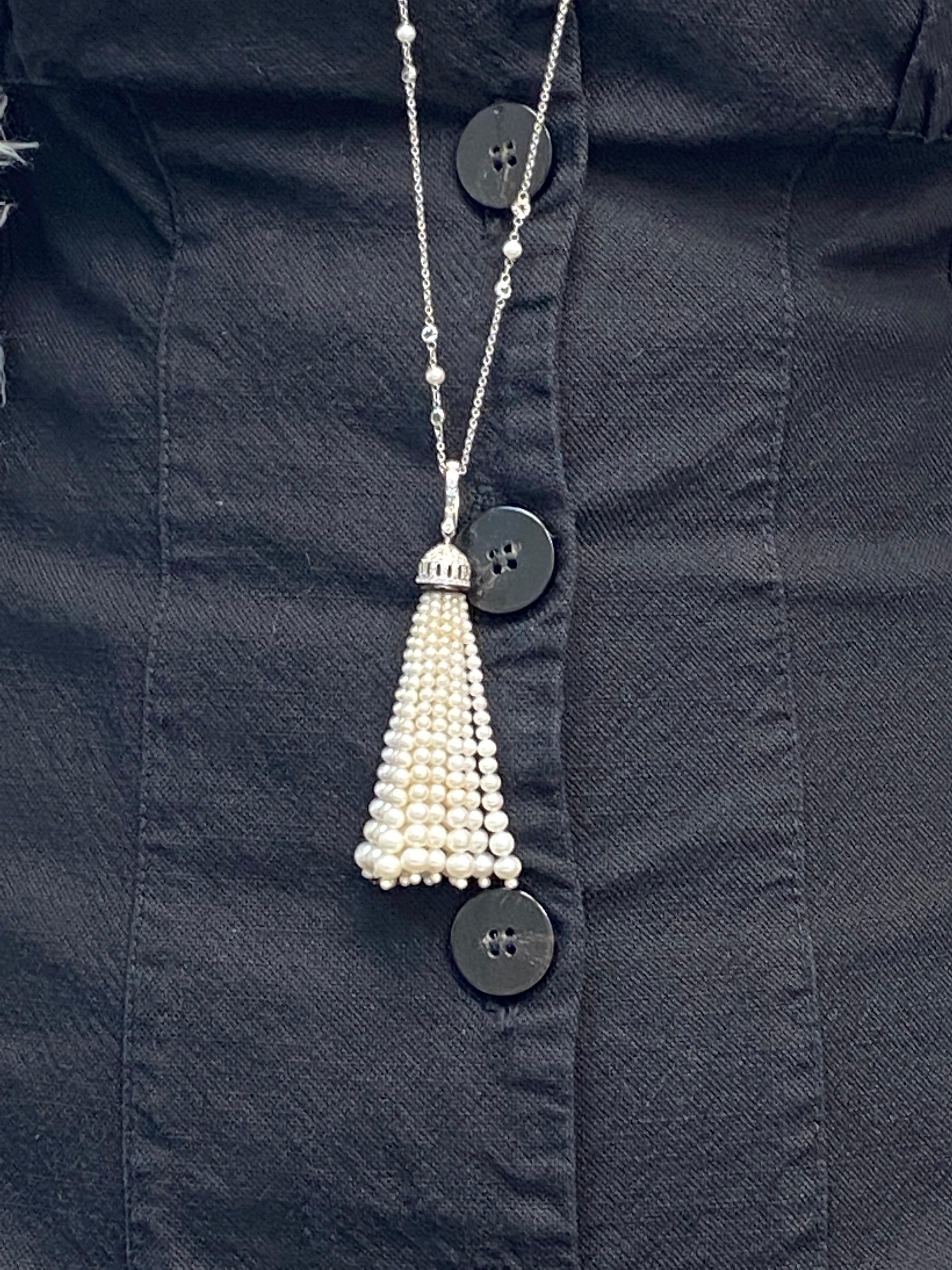 Women's or Men's White Pearls, Black Onyx, and White Diamond Gold Tassel Necklace