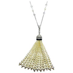 White Pearls, Black Onyx, and White Diamond Gold Tassel Necklace