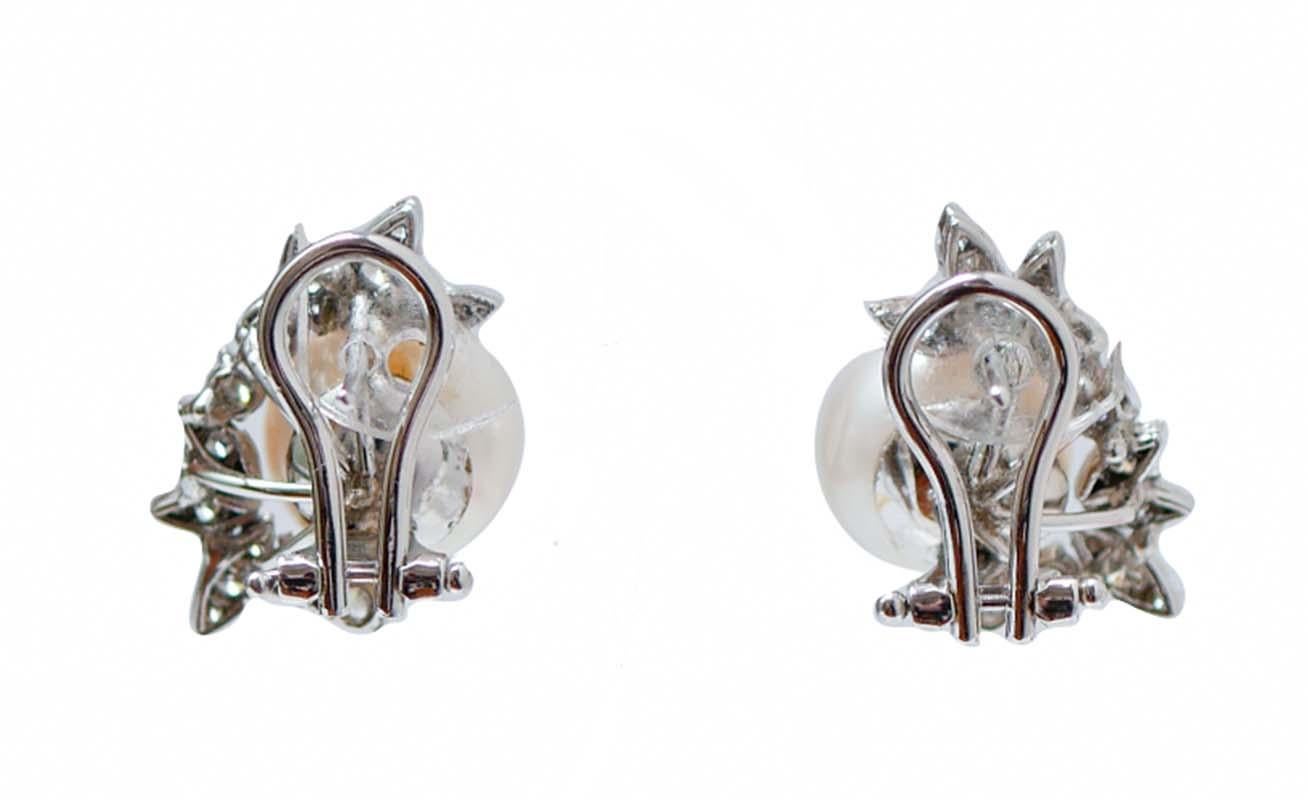 Retro White Pearls, Diamonds, 14 Karat White Gold Earrings.