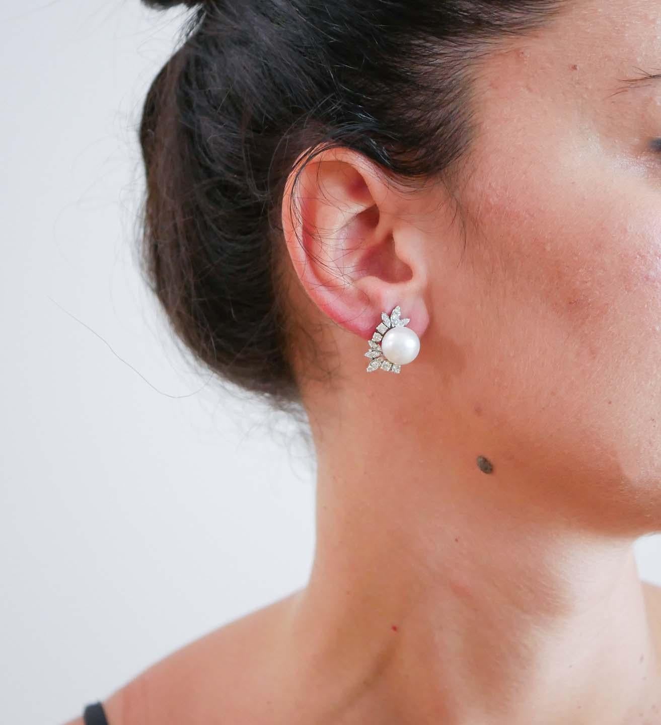 Mixed Cut White Pearls, Diamonds, 14 Karat White Gold Earrings.