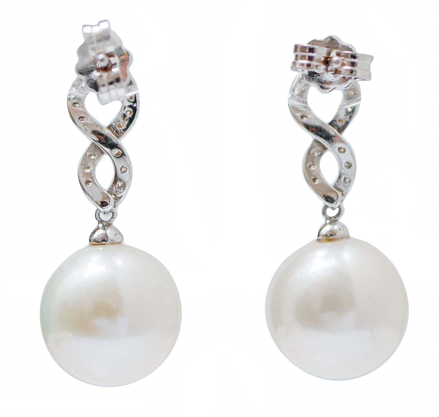Modern White Pearls, Diamonds, 18 Karat White Gold Earrings.