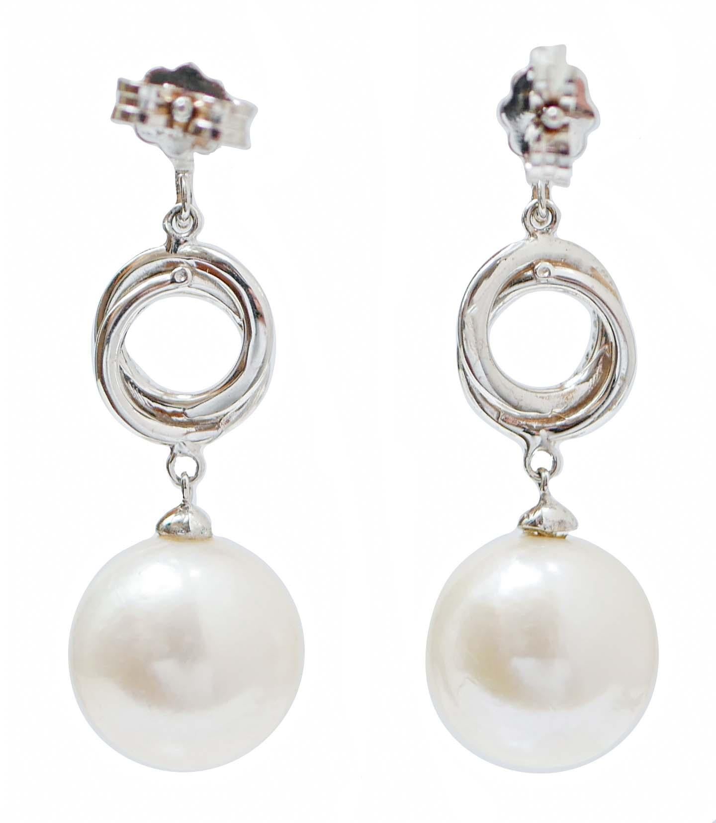 Modern White Pearls, Diamonds, 18 Karat White Gold Earrings. For Sale