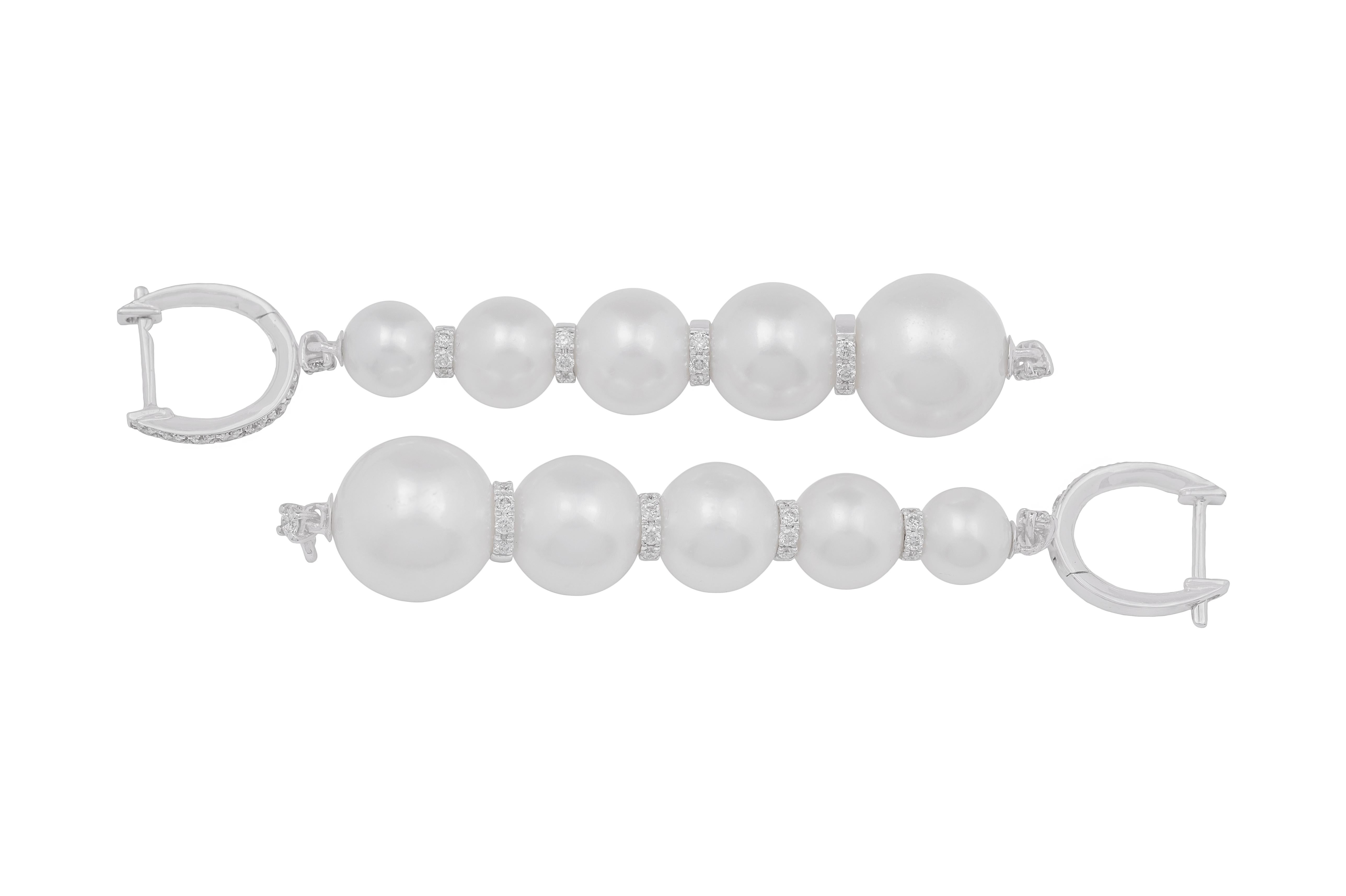 Brilliant Cut White Pearls Diamonds and 18k White Gold Earrings For Sale