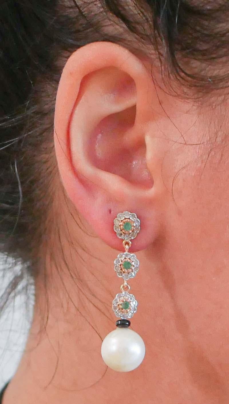 Boucles d'oreilles en argent et perles blanches, diamants, émeraudes, onyx, or rose Bon état - En vente à Marcianise, Marcianise (CE)