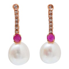 White Pearls, Diamonds, Rubies, 14 Karat Rose Gold Earrings.