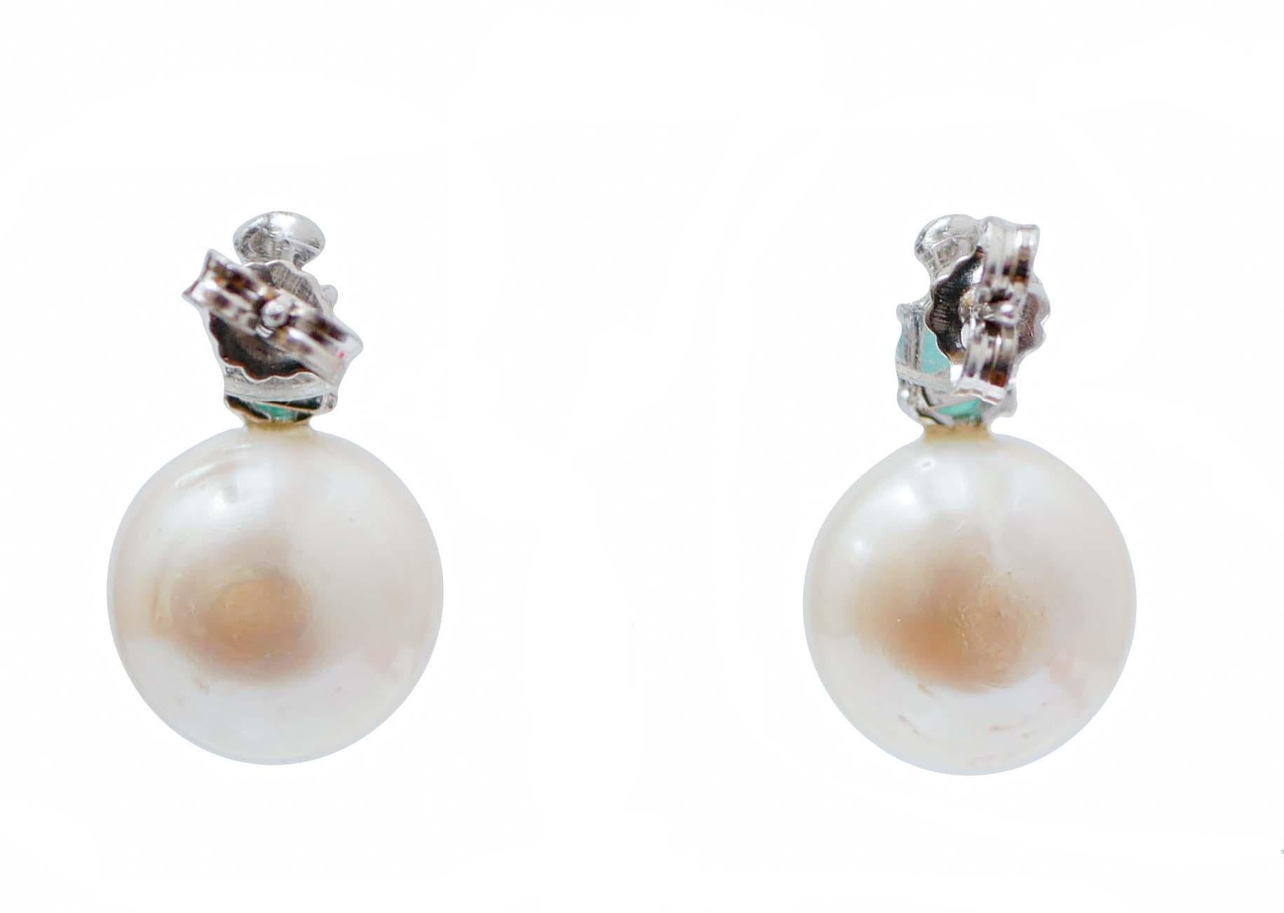 Retro White Pearls, Emeralds, Diamonds, 14 Karat White Gold Earrings.