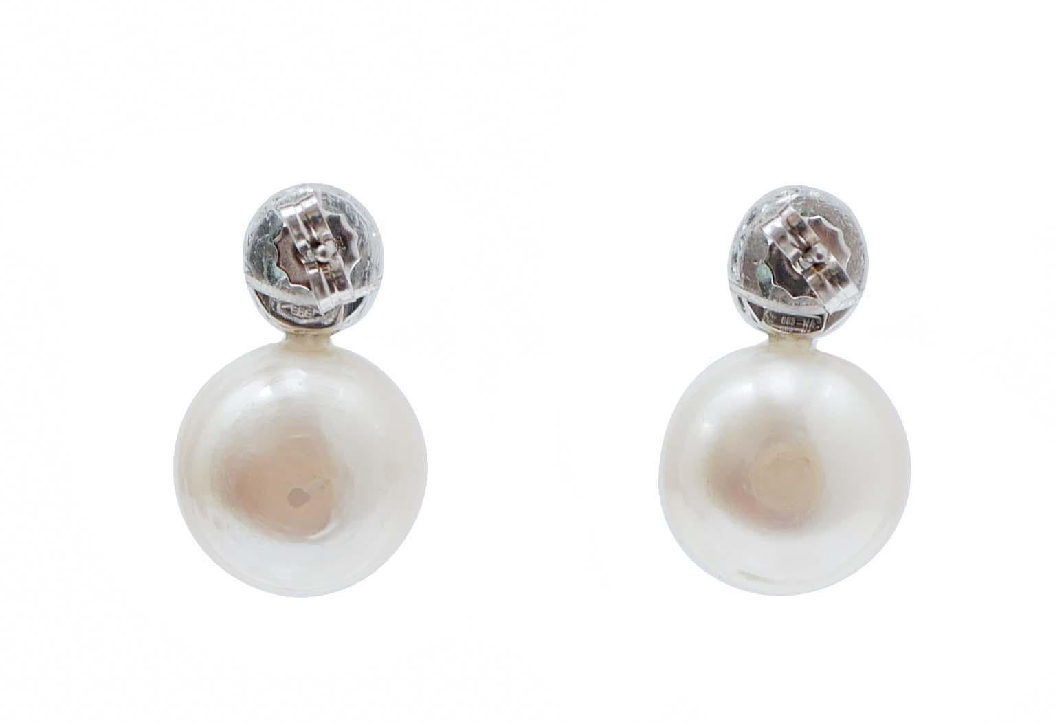 Retro White Pearls, Emeralds, Diamonds, 14 Karat White Gold Earrings. For Sale