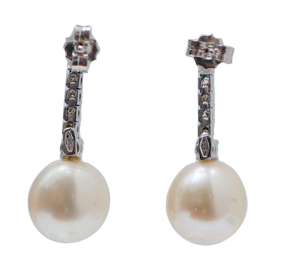 Retro White Pearls, Emeralds, Diamonds, 14 Karat White Gold Tennis Earrings. For Sale