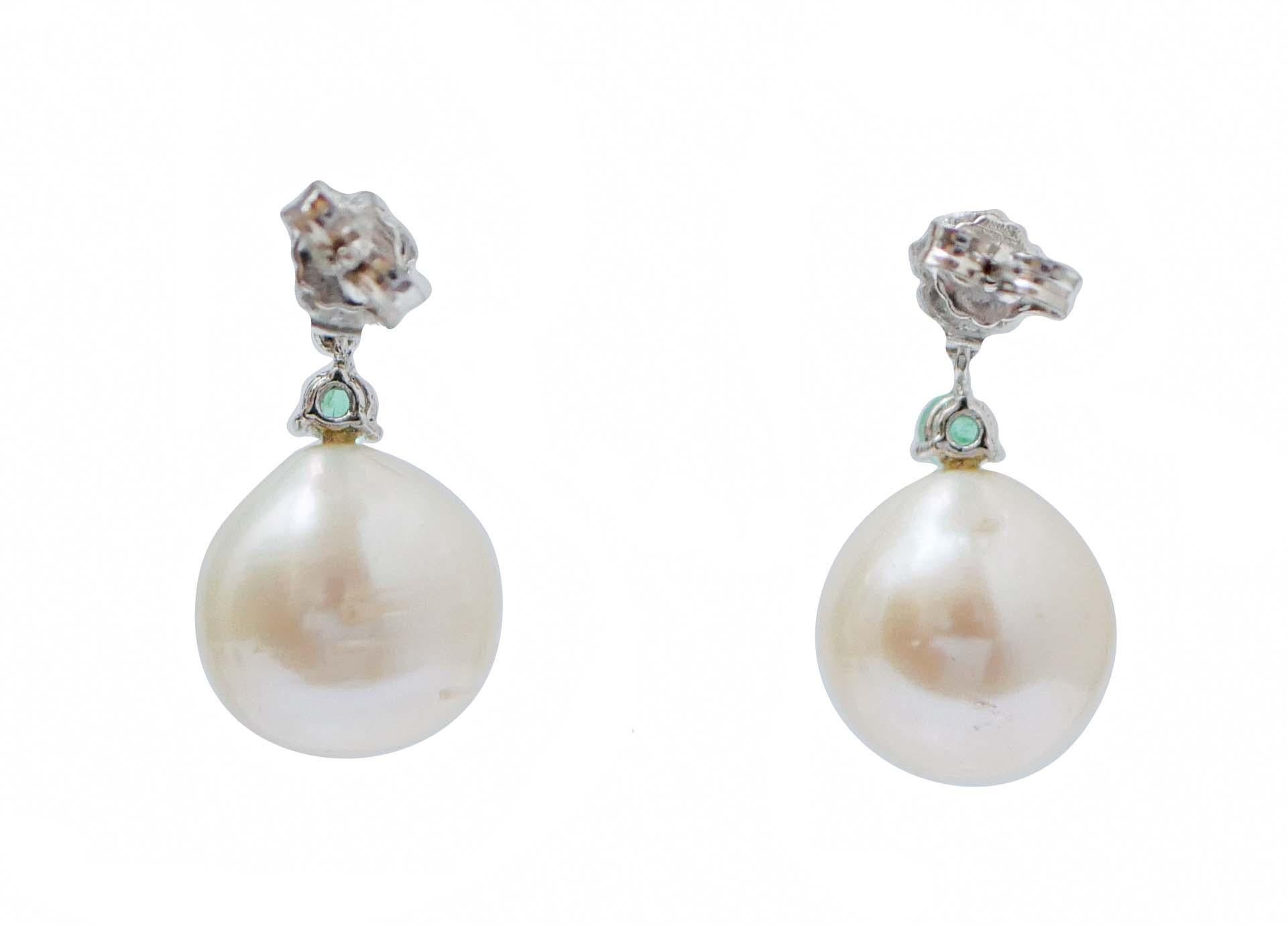 Retro White Pearls, Emeralds, Diamonds, 14 Kt White Gold Earrings. For Sale