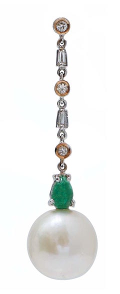 White Pearls, Emeralds, Diamonds, 14 White Gold and Rose Gold Earrings.