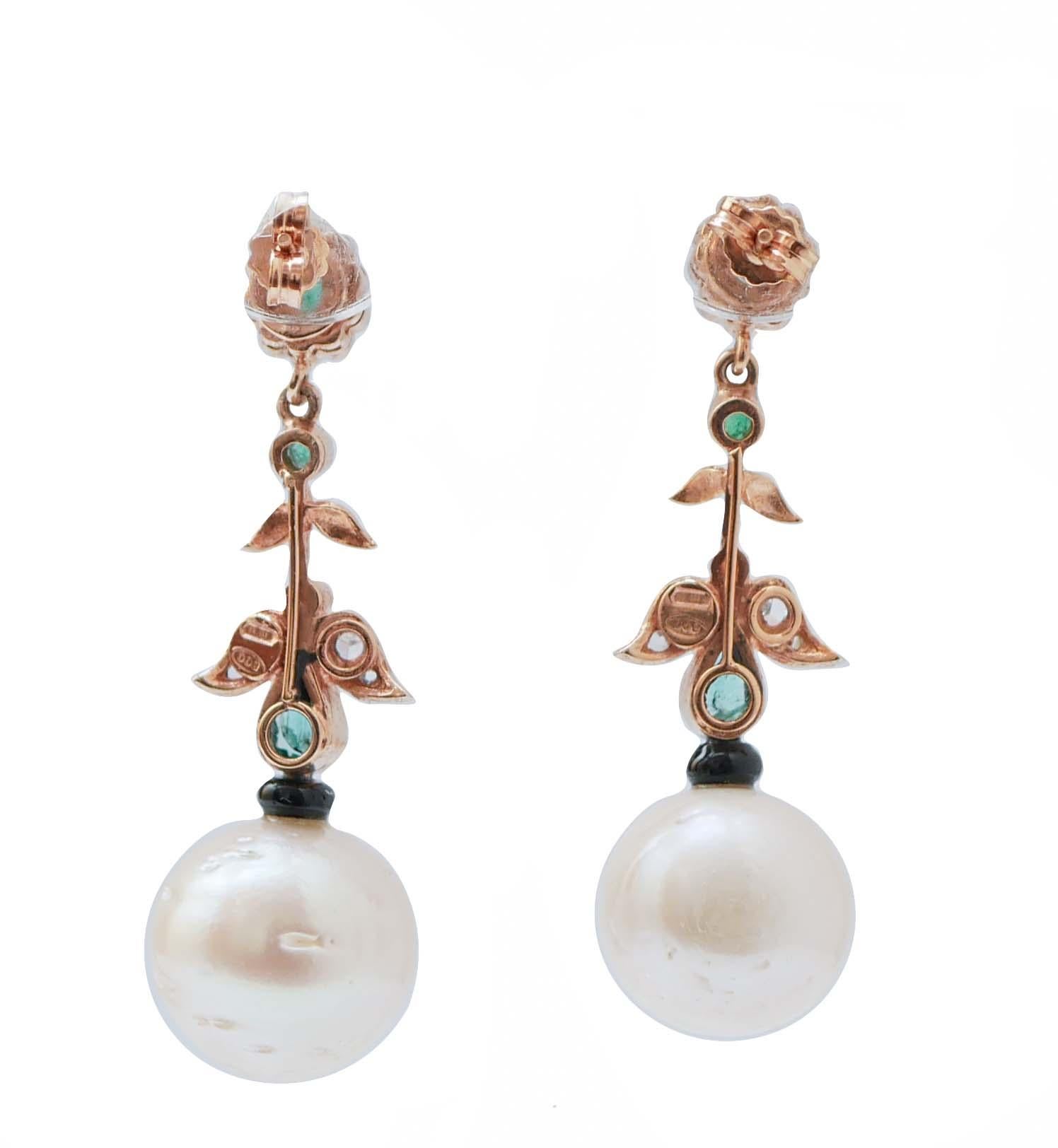 Retro White Pearls, Emeralds, Diamonds, Onyx, Rose Gold and Silver Dangle Earrings. For Sale