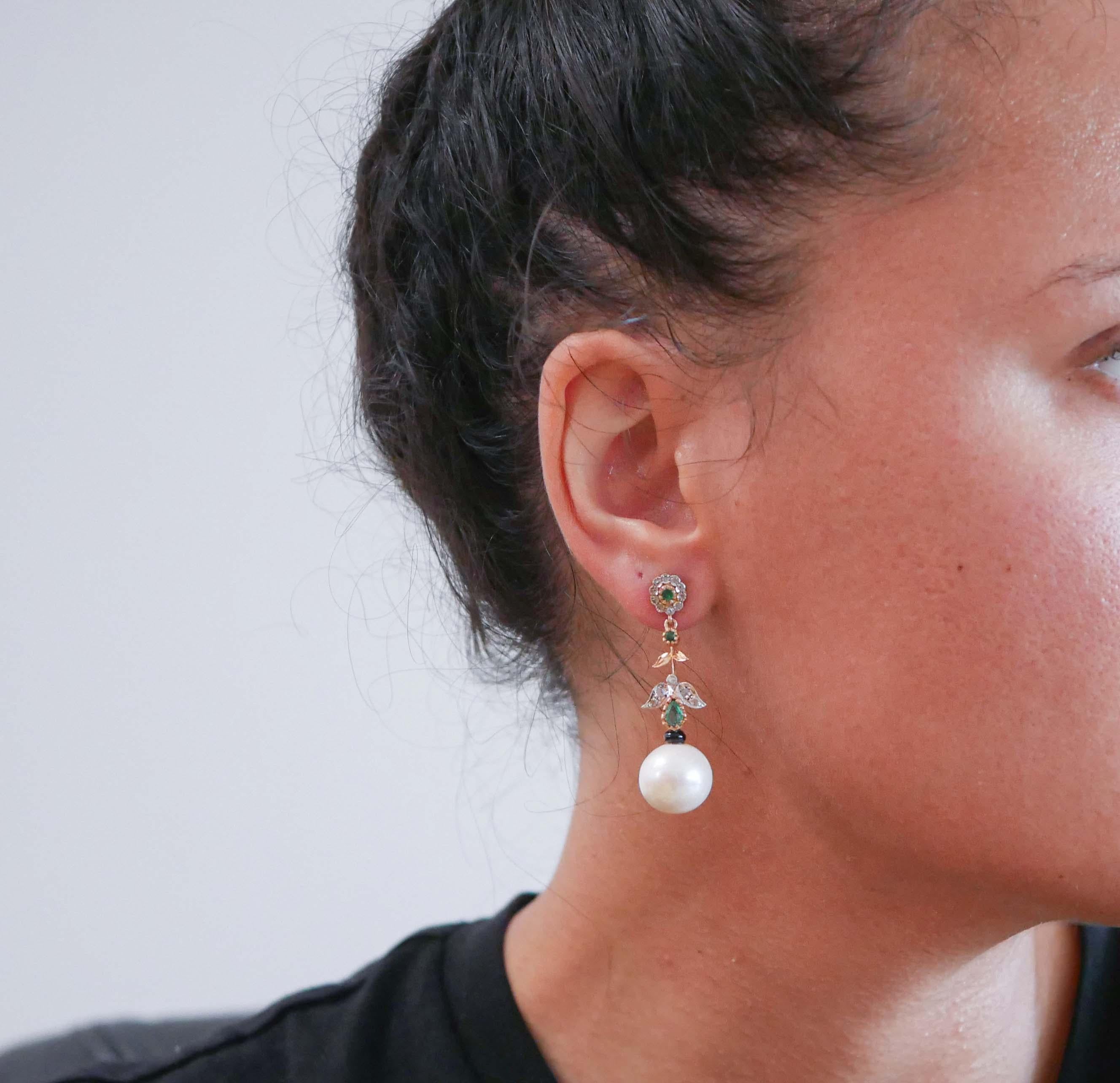 Mixed Cut White Pearls, Emeralds, Diamonds, Onyx, Rose Gold and Silver Dangle Earrings. For Sale