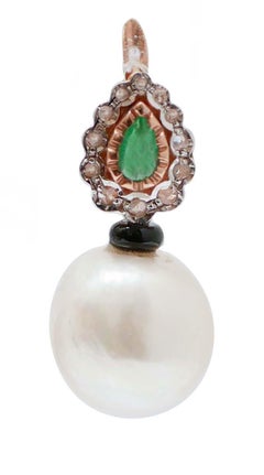 White Pearls, Emeralds, Diamonds, Onyx, Rose Gold and Silver Earrings.