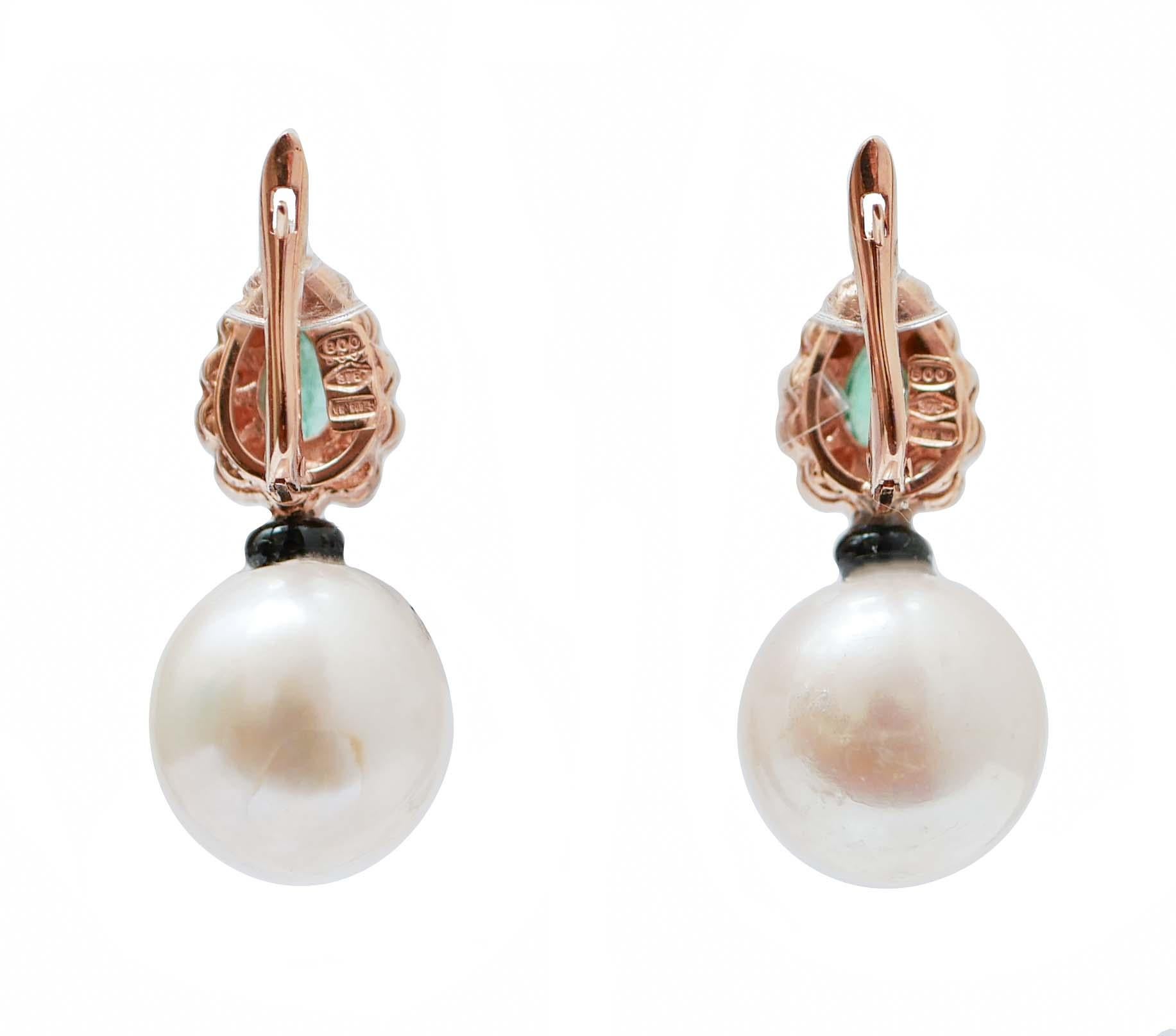 Retro White Pearls, Emeralds, Diamonds, Onyx, Rose Gold and Silver Earrings. For Sale