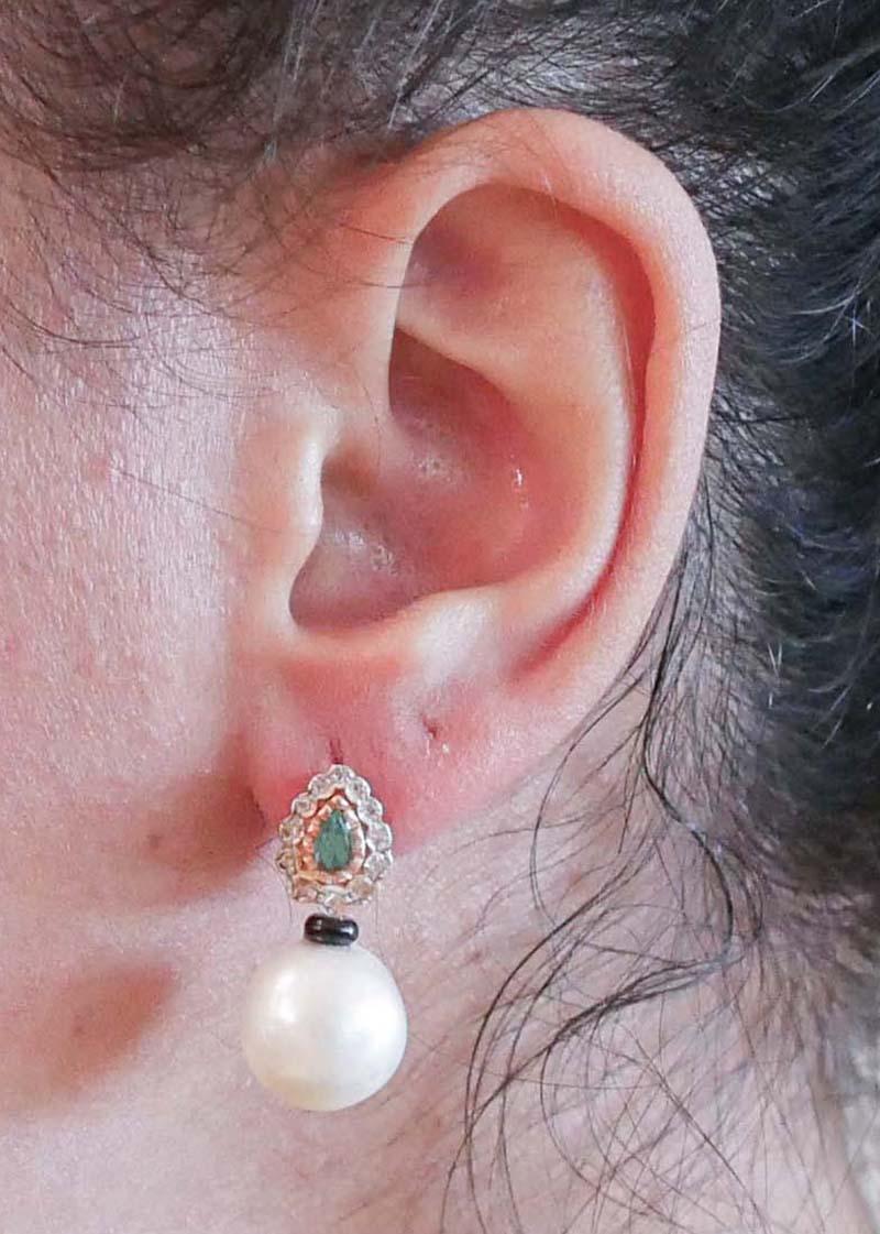 Boucles d'oreilles en argent et perles blanches, émeraudes, diamants, onyx, or rose Bon état - En vente à Marcianise, Marcianise (CE)
