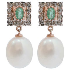 White Pearls, Emeralds, Diamonds, Rose Gold and Silver Dangle Earrings.