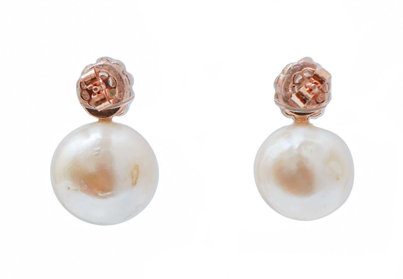Retro White Pearls, Emeralds, Diamonds, Rose Gold and Silver Earrings. For Sale