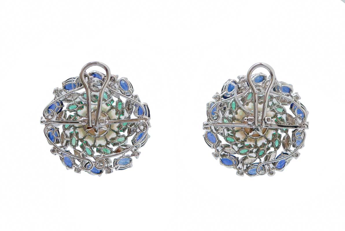 Retro White Pearls, Emeralds, Sapphires, Diamonds, 14 Karat White Gold Earrings.