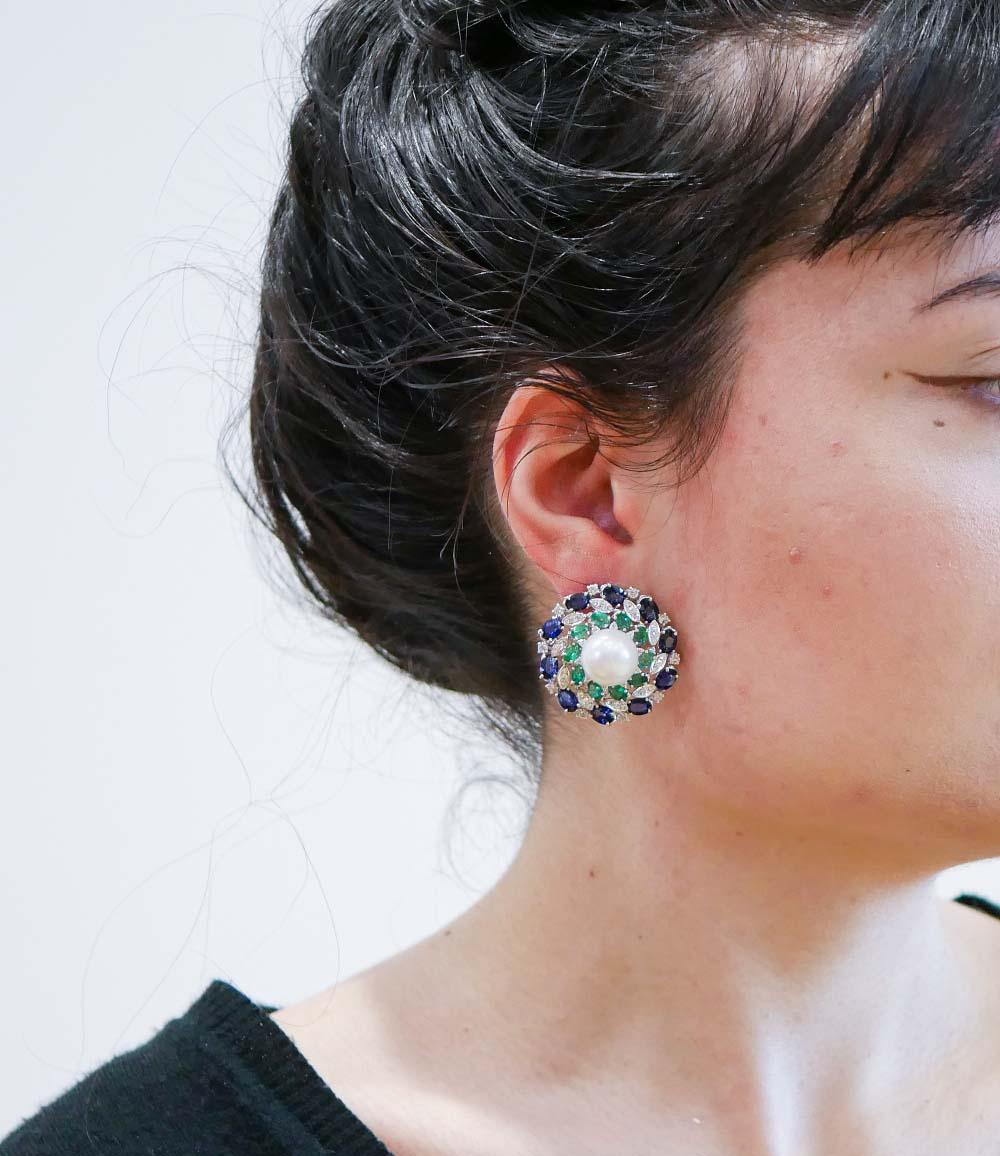 Mixed Cut White Pearls, Emeralds, Sapphires, Diamonds, 14 Karat White Gold Earrings.