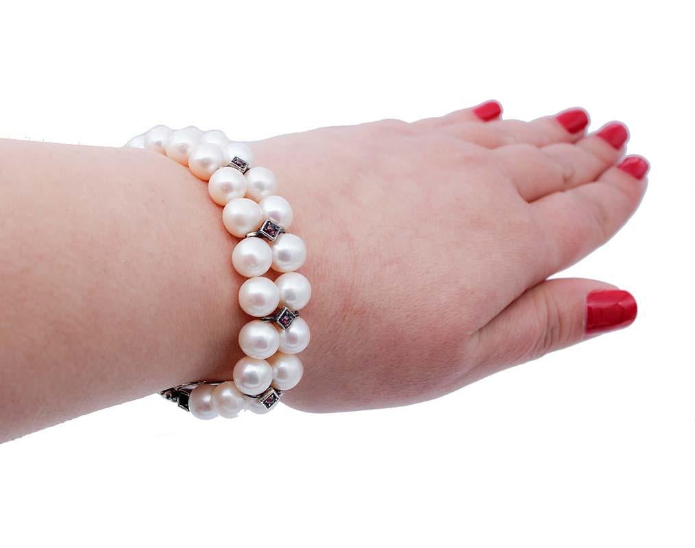 Women's White Pearls, Garnets, Diamonds, Rose Gold and Silver Retrò Bracelet