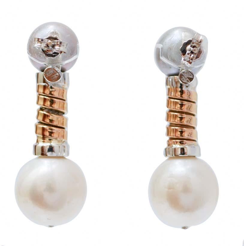 Retro White Pearls, Grey Pearls, Diamonds, 18 Kt Gold and 14 Kt Gold Tubogas Earrings.