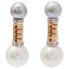 Vintage White Pearls, Grey Pearls, Diamonds, 18 Kt Gold and 14 Kt Gold Tubogas Earrings.