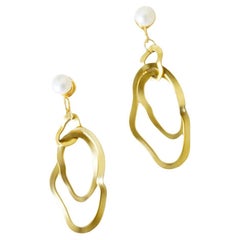 White Pearls Matte Gold Double Horseshoes Hoop Clip On Drop Dangle Earrings