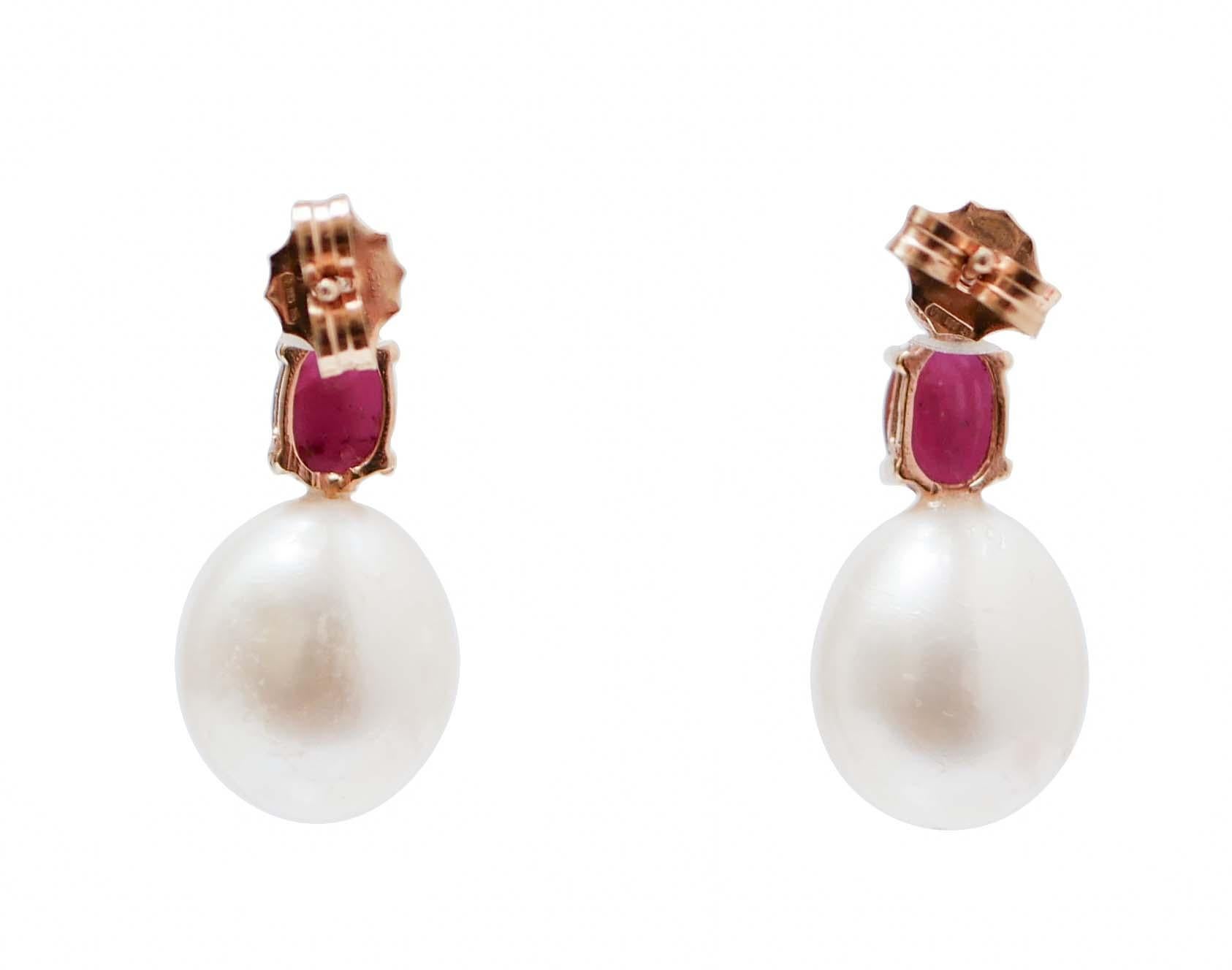Retro White Pearls, Rubies, Diamonds, 14 Karat Rose Gold Earrings.
