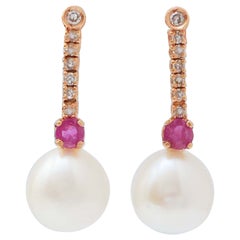 White Pearls, Rubies, Diamonds, 14 Karat Rose Gold Earrings.
