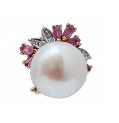 White Pearls, Rubies, Diamonds, 14 Karat White and Rose Gold Earrings.