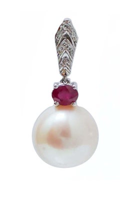 White Pearls, Rubies, Diamonds, 14 Karat White Gold Earrings.