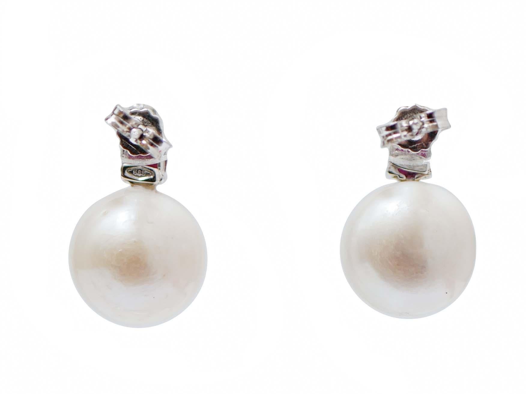 Retro White Pearls, Rubies, Diamonds, 14 Karat White Gold Earrings. For Sale