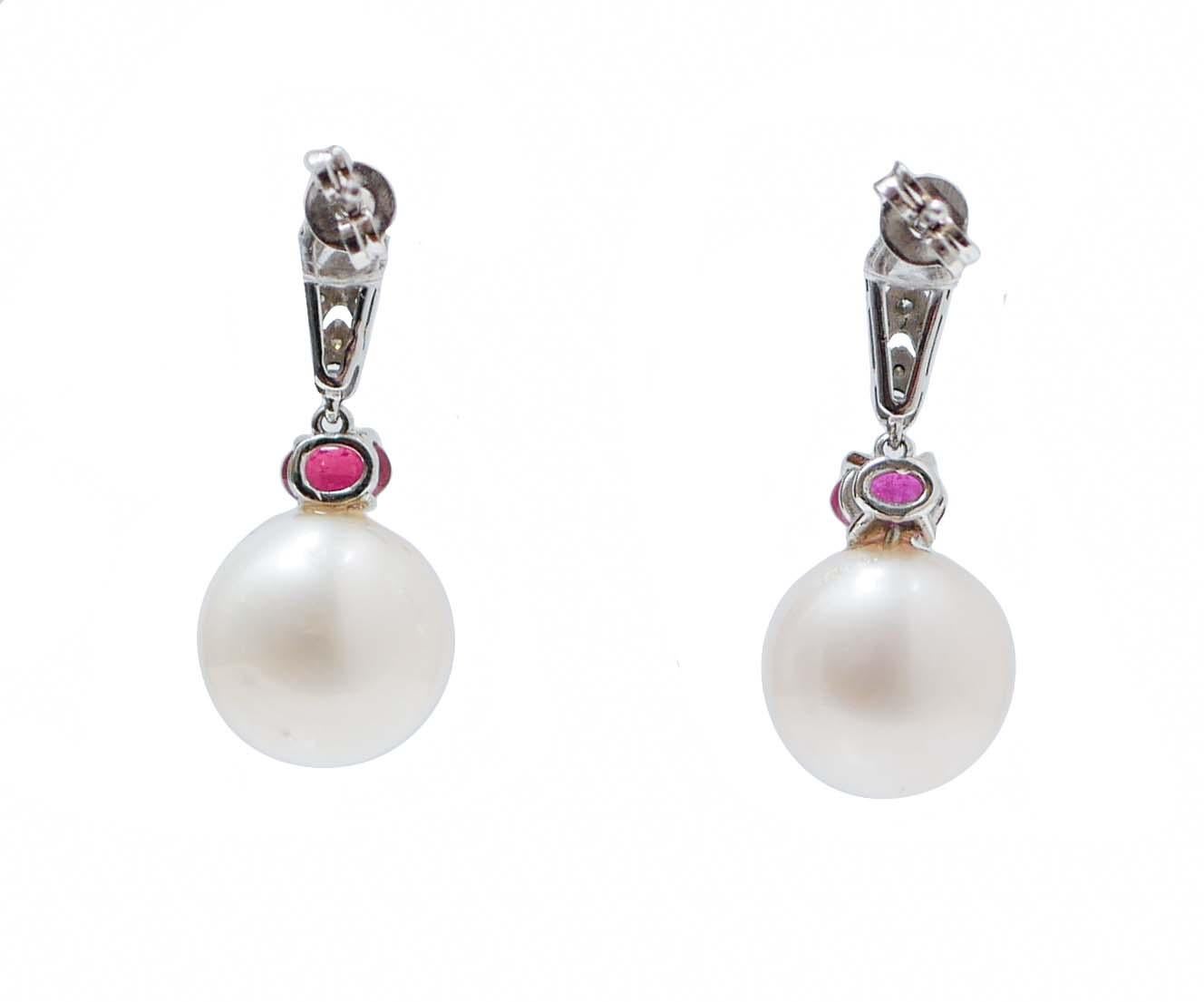 Retro White Pearls, Rubies, Diamonds, 14 Karat White Gold Earrings.