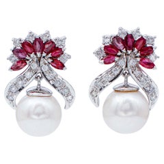 White Pearls, Rubies, Diamonds, 14 Karat White Gold Earrings