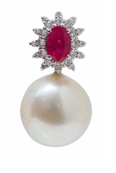 White Pearls, Rubies, Diamonds, 18 Karat White Gold Modern Earrings.