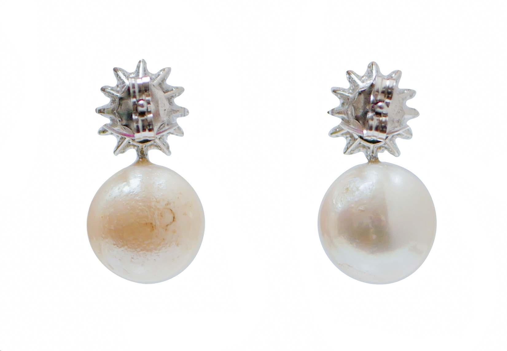 Mixed Cut White Pearls, Rubies, Diamonds, 18 Karat White Gold Modern Earrings. For Sale